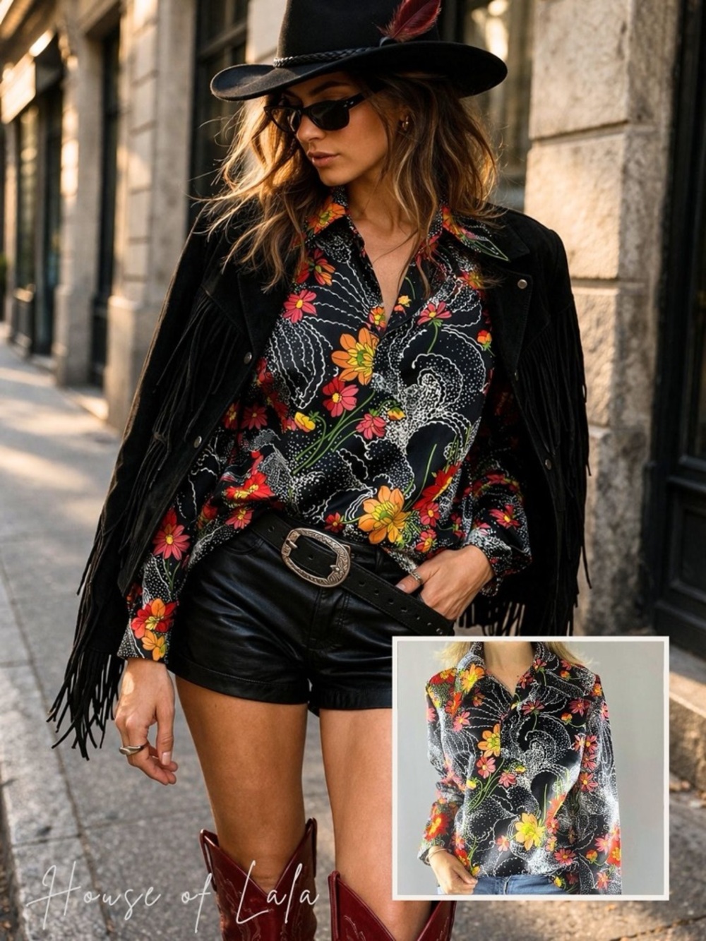 Vintage 70s Dagger Collar Floral Blouse • Rockstar Western Cowgirl Statement Top